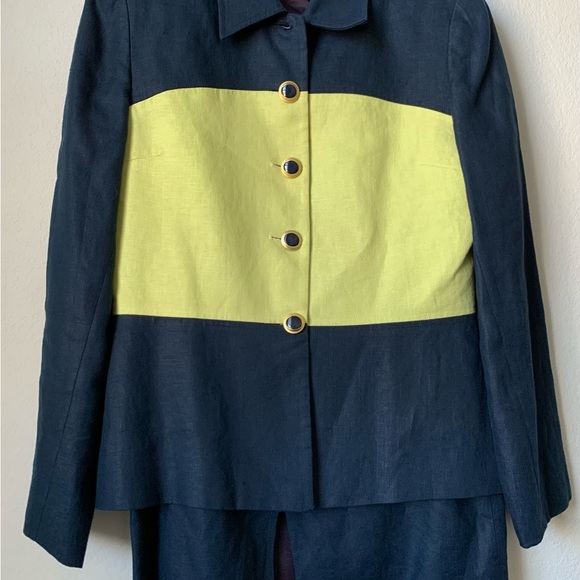 Gently Used Two Piece Career Shirt Suit-Lime/ Navy Blue Jacket Navy Blue Shirt - Picture 15 of 16